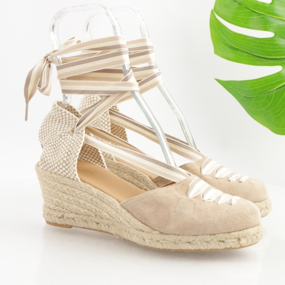 Paseart Womens Roma Sandals Size 41 10 Tan Ankle Tie Wedge Heel Espadrille Shoes